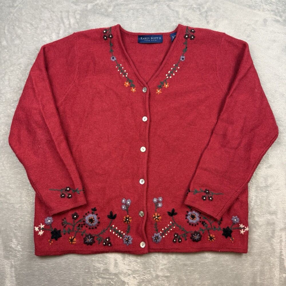 Karen Scott II Pure Wool Cardigan Sweater Womens 1X Red Floral Embroidered